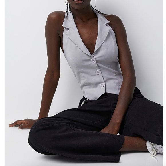 Twik Light Gray Button-Up Crop Top - Picture 12 of 12